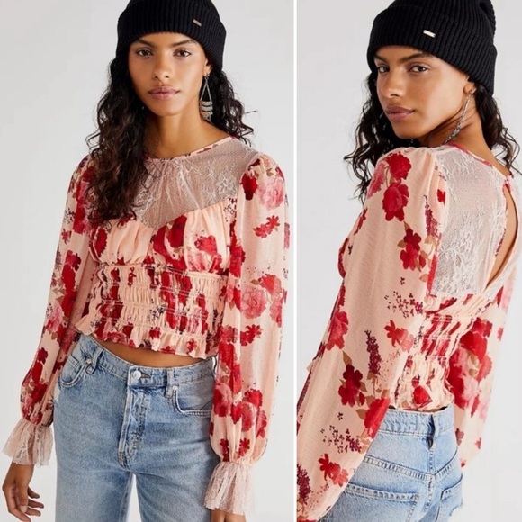{Free People} "Daphne" Floral Lace Peplum Crop Peasant Blouse - Picture 5 of 13